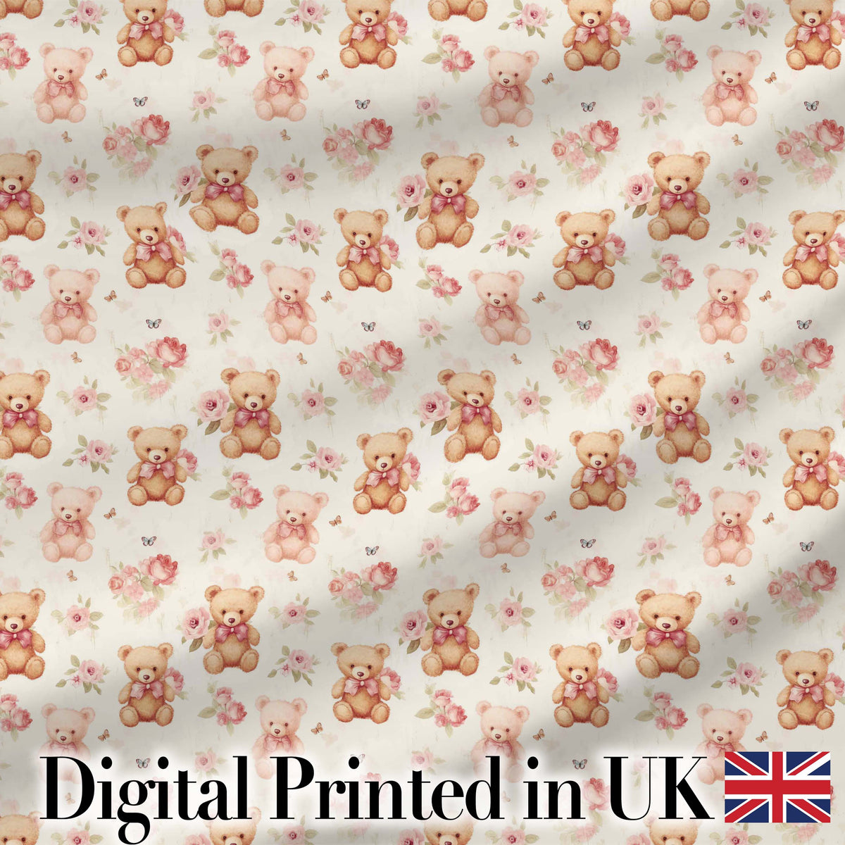 Cute Teddy Bears with Pink Roses Seamless Pattern Digital Print Fabric by the Metre UK Sewing Quilting Textile
