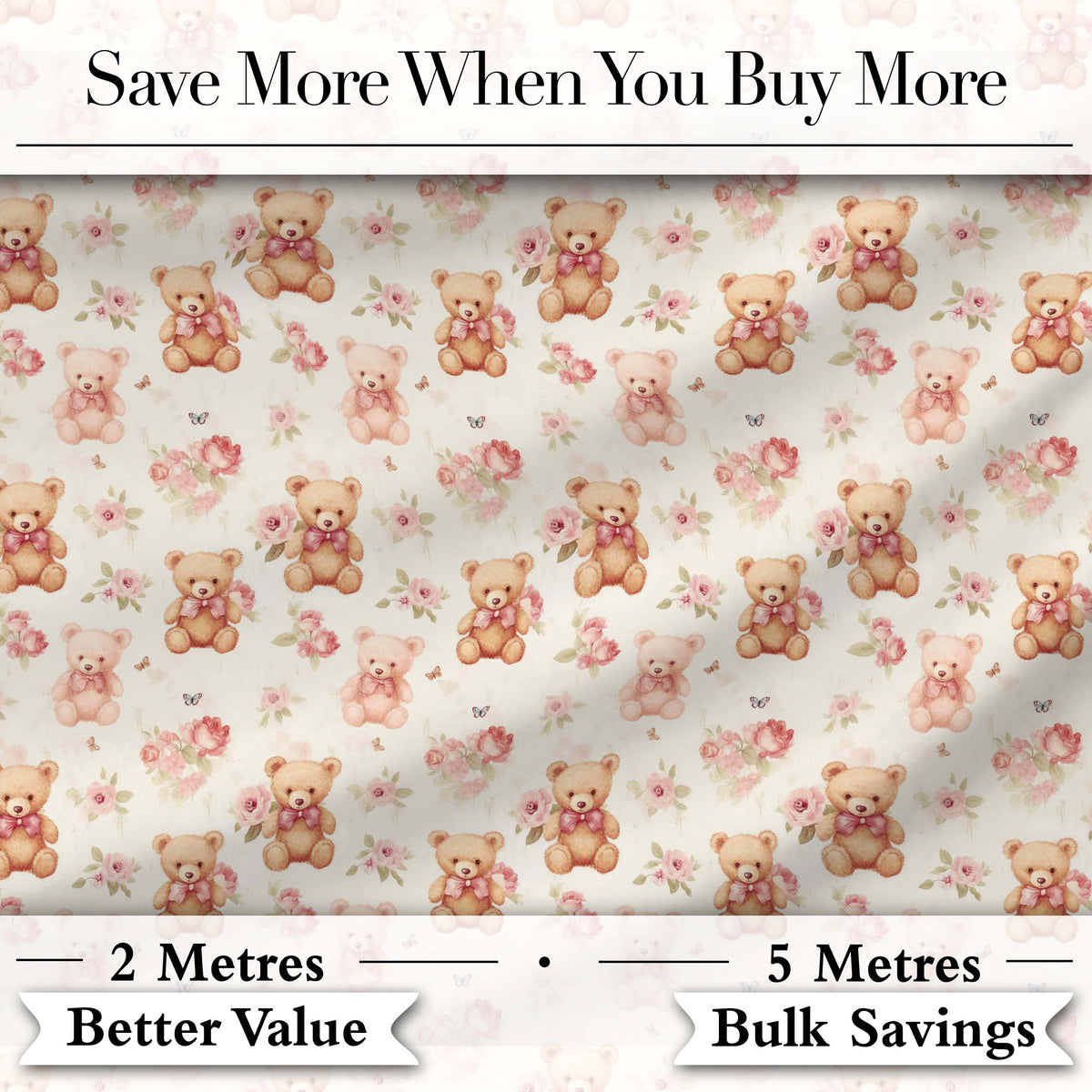 Cute Teddy Bears with Pink Roses Seamless Pattern Digital Print Fabric by the Metre UK Sewing Quilting Textile