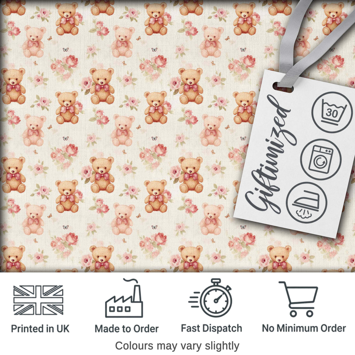 Cute Teddy Bears with Pink Roses Seamless Pattern Digital Print Fabric by the Metre UK Sewing Quilting Textile