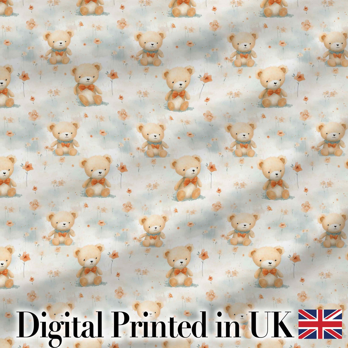 Soft Teddy Bears with Floral Accents Seamless Pattern Digital Print Fabric by the Metre UK Sewing Quilting Textile