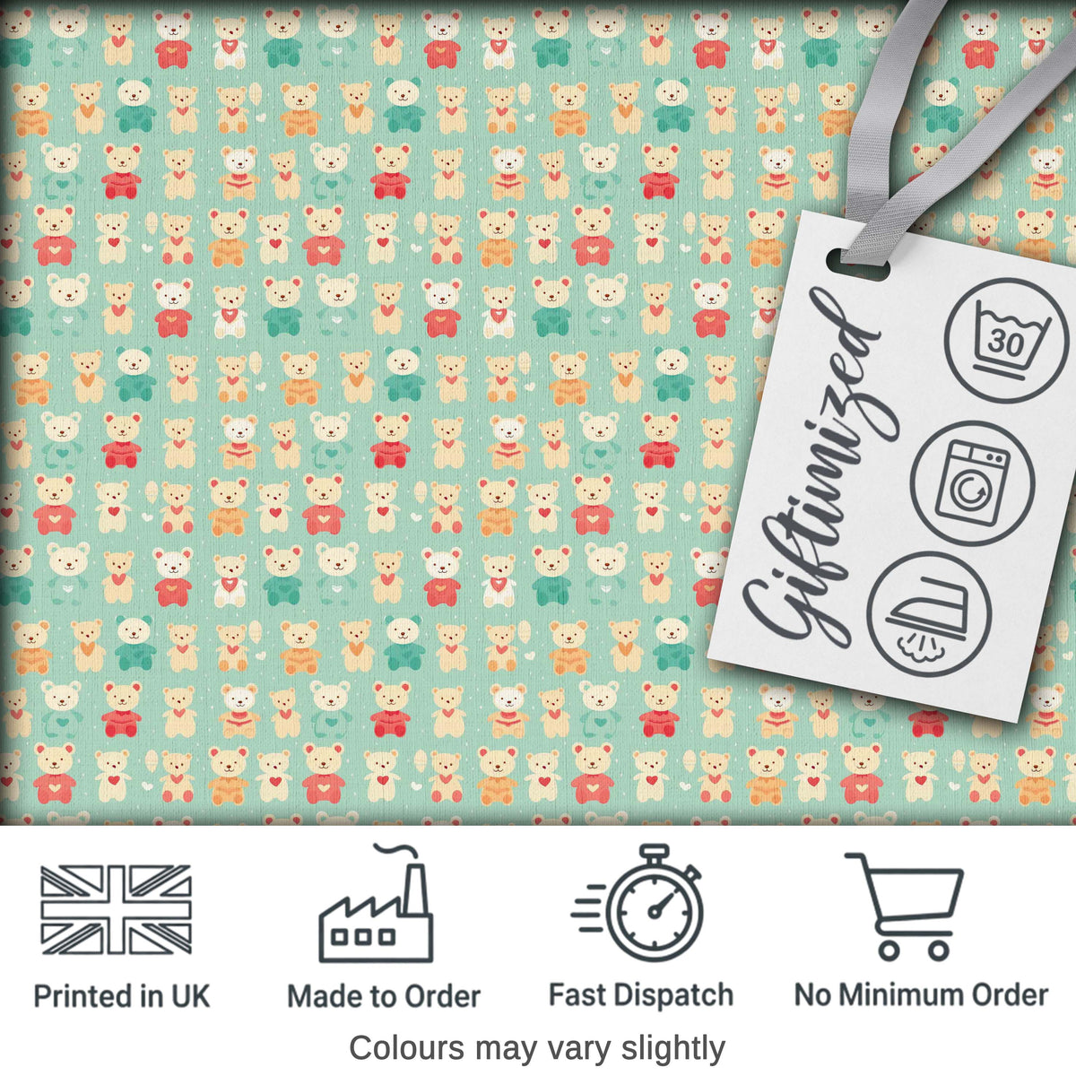 Small Cute Teddy Bears on Green Background Seamless Pattern Digital Print Fabric by the Metre UK Sewing Quilting Textile