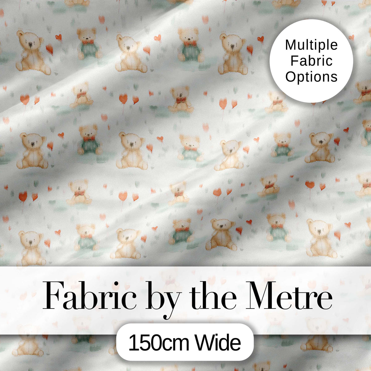 Cute Teddy Bears with Hearts and Soft Pastel Background Seamless Pattern Digital Print Fabric by the Metre UK Sewing Quilting Textile