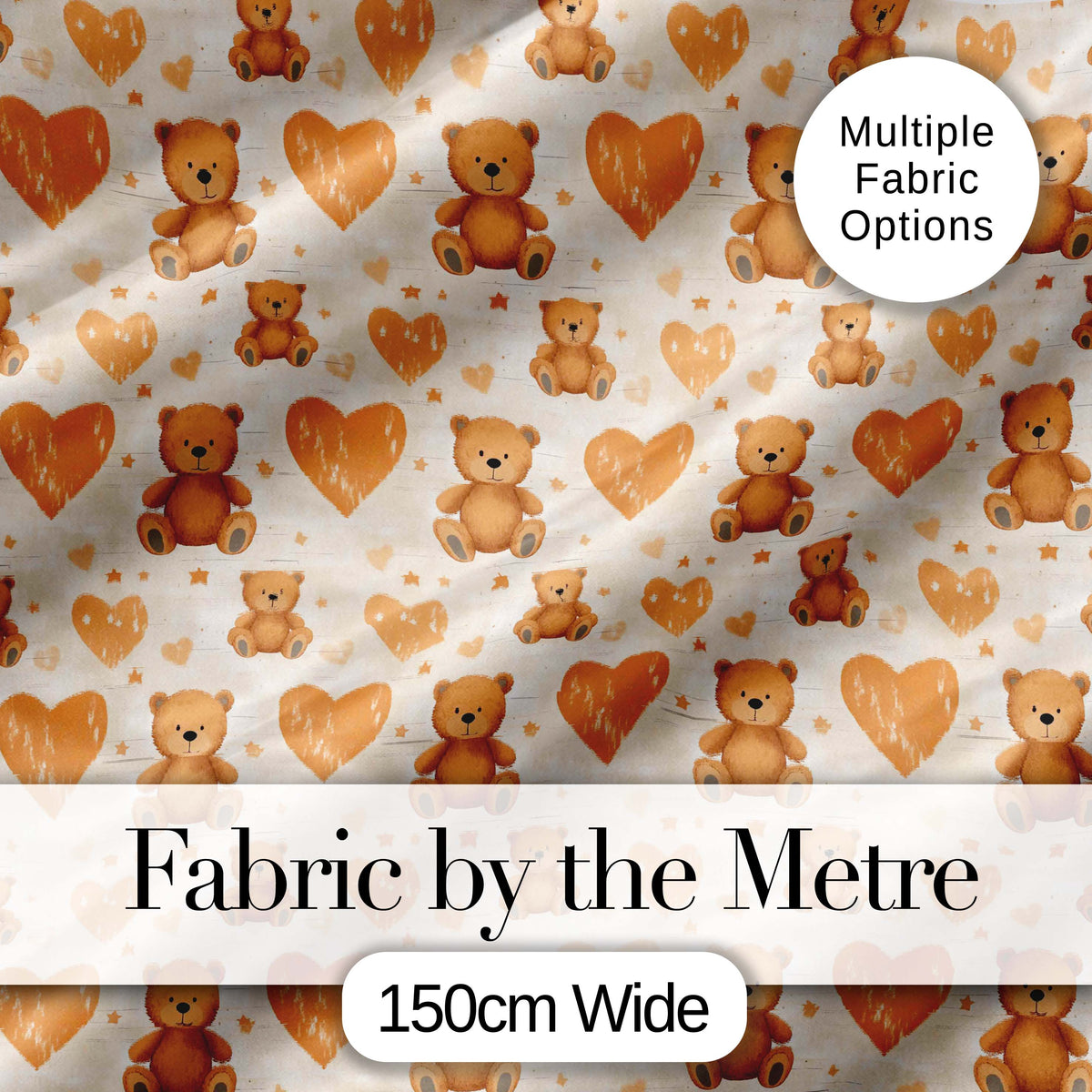 Brown Teddy Bears with Large Hearts Cute Seamless Pattern Digital Print Fabric by the Metre UK Sewing Quilting Textile