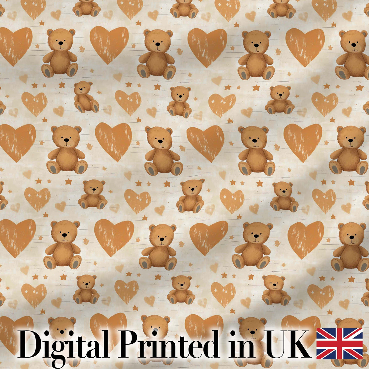 Brown Teddy Bears with Large Hearts Cute Seamless Pattern Digital Print Fabric by the Metre UK Sewing Quilting Textile
