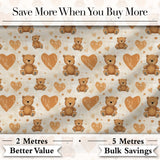 Brown Teddy Bears with Large Hearts Cute Seamless Pattern Digital Print Fabric by the Metre UK Sewing Quilting Textile