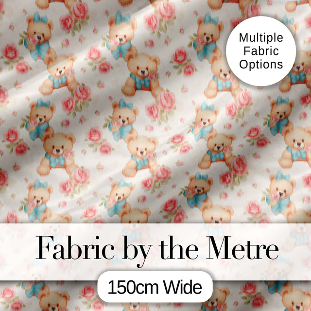 Teddy Bears with Blue Bows and Pink Roses Seamless Pattern Digital Print Fabric by the Metre UK Sewing Quilting Textile