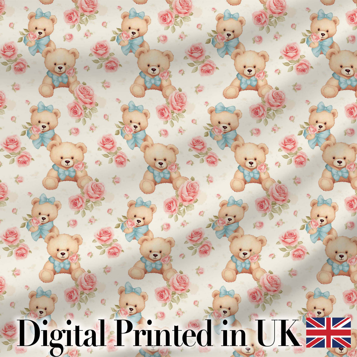 Teddy Bears with Blue Bows and Pink Roses Seamless Pattern Digital Print Fabric by the Metre UK Sewing Quilting Textile