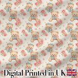 Teddy Bears with Blue Bows and Pink Roses Seamless Pattern Digital Print Fabric by the Metre UK Sewing Quilting Textile