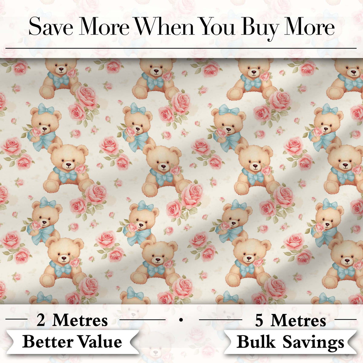 Teddy Bears with Blue Bows and Pink Roses Seamless Pattern Digital Print Fabric by the Metre UK Sewing Quilting Textile