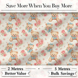 Teddy Bears with Blue Bows and Pink Roses Seamless Pattern Digital Print Fabric by the Metre UK Sewing Quilting Textile