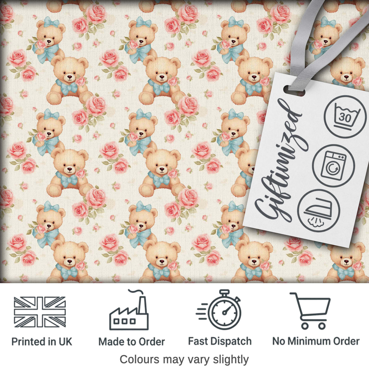 Teddy Bears with Blue Bows and Pink Roses Seamless Pattern Digital Print Fabric by the Metre UK Sewing Quilting Textile