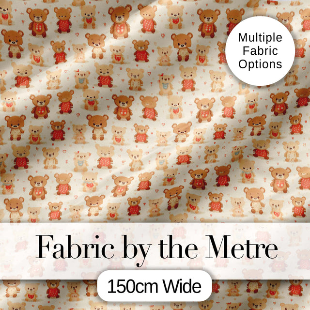 Adorable Teddy Bears with Hearts on Cream Background Seamless Pattern Digital Print Fabric by the Metre UK Sewing Quilting Textile