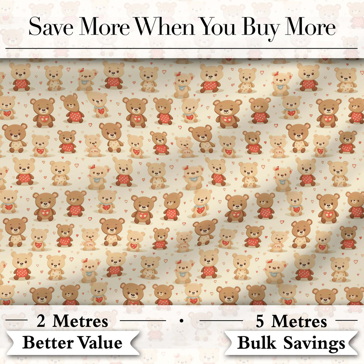 Adorable Teddy Bears with Hearts on Cream Background Seamless Pattern Digital Print Fabric by the Metre UK Sewing Quilting Textile
