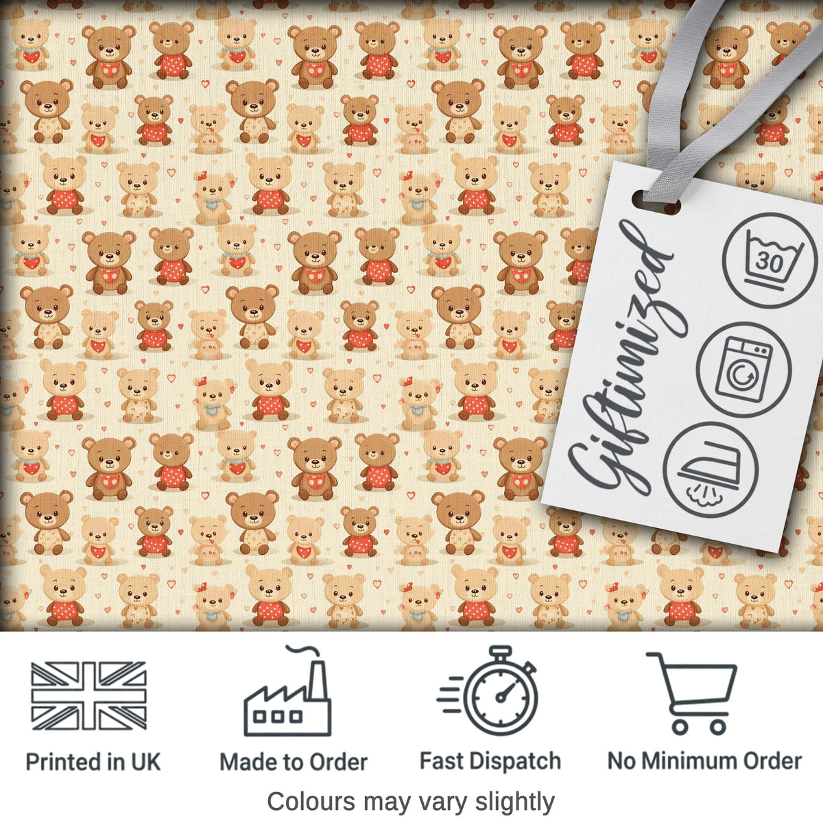 Adorable Teddy Bears with Hearts on Cream Background Seamless Pattern Digital Print Fabric by the Metre UK Sewing Quilting Textile