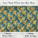 Golden Yellow Floral Botanical Blue Background Seamless Pattern Digital Print Fabric by the Metre UK Sewing Quilting Textile