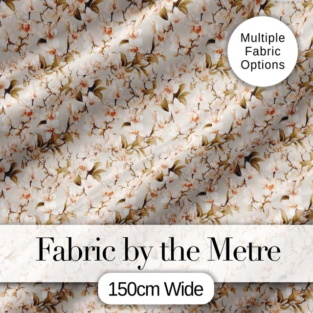 Elegant White Orchid Floral Vintage Seamless Pattern Digital Print Fabric by the Metre UK Sewing Quilting Textile