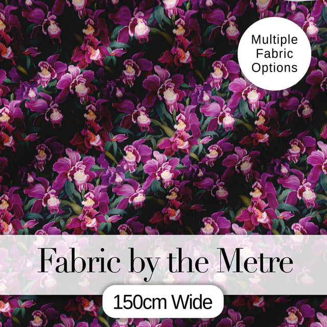 Deep Purple Orchid Floral Dark Background Seamless Pattern Digital Print Fabric by the Metre UK Sewing Quilting Textile