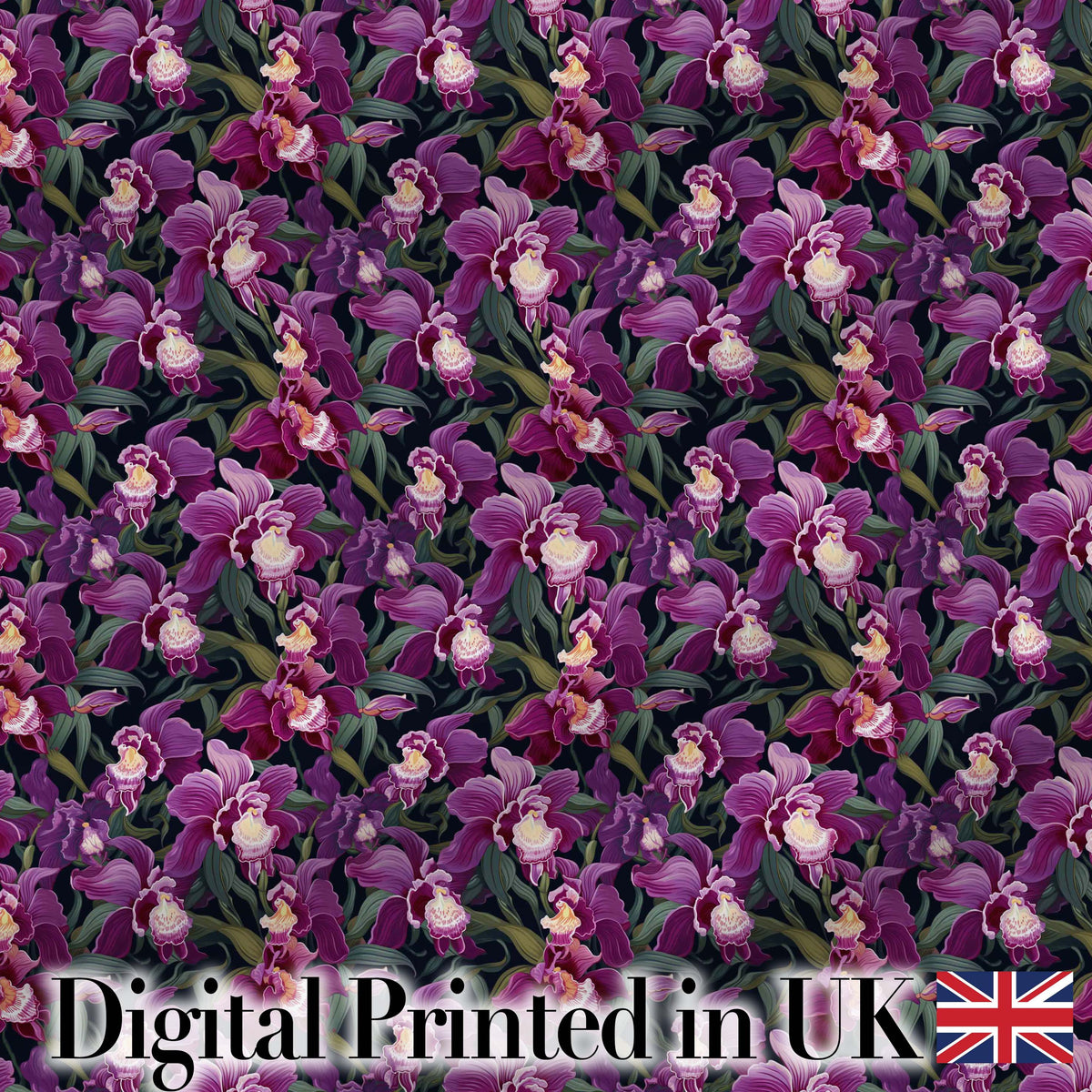 Deep Purple Orchid Floral Dark Background Seamless Pattern Digital Print Fabric by the Metre UK Sewing Quilting Textile