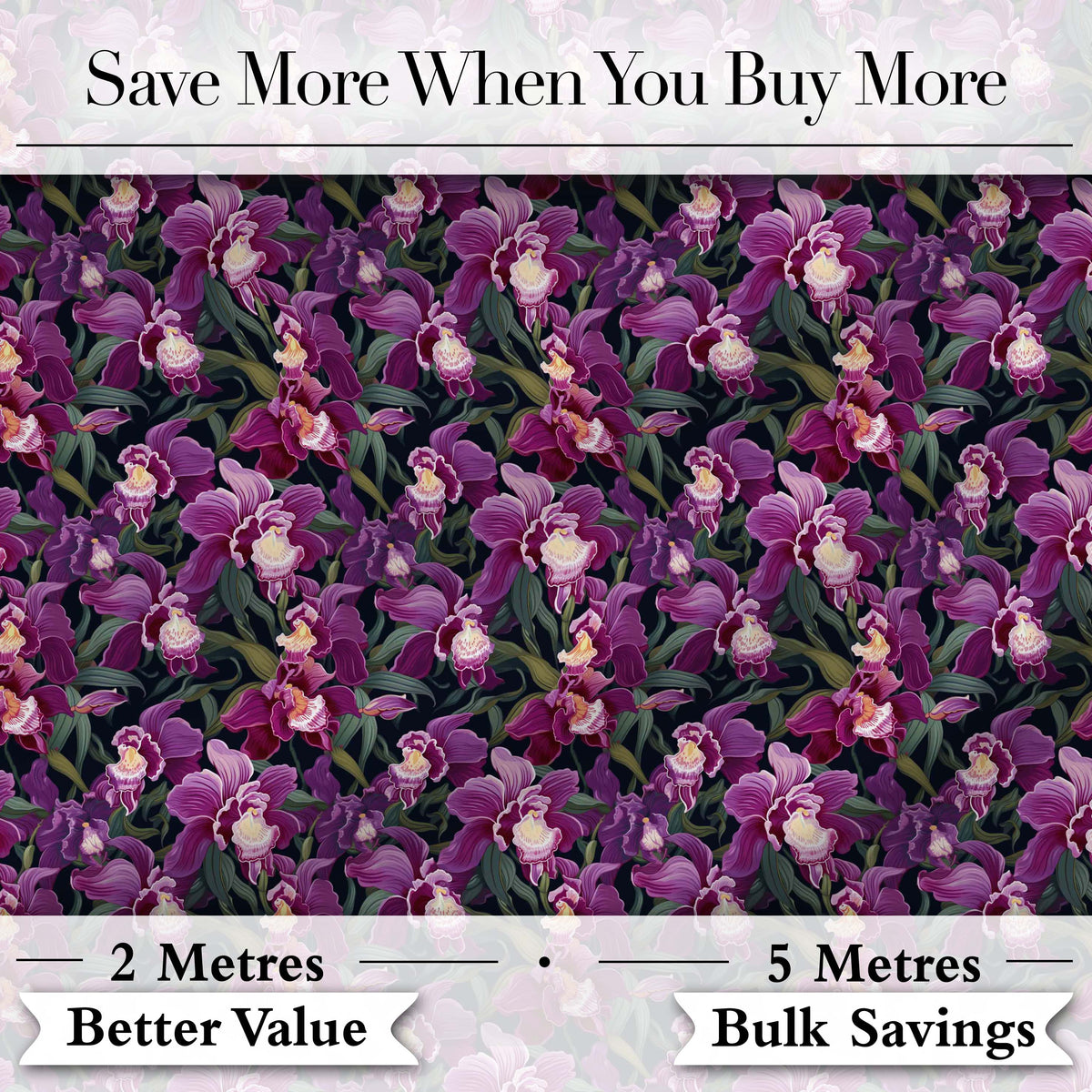 Deep Purple Orchid Floral Dark Background Seamless Pattern Digital Print Fabric by the Metre UK Sewing Quilting Textile