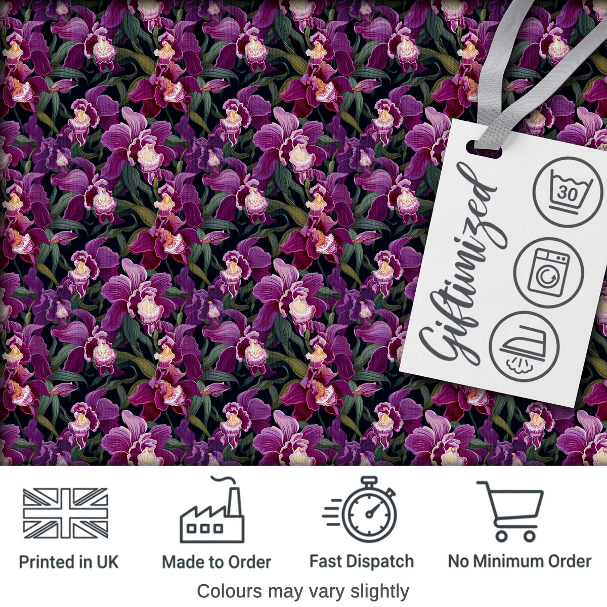 Deep Purple Orchid Floral Dark Background Seamless Pattern Digital Print Fabric by the Metre UK Sewing Quilting Textile