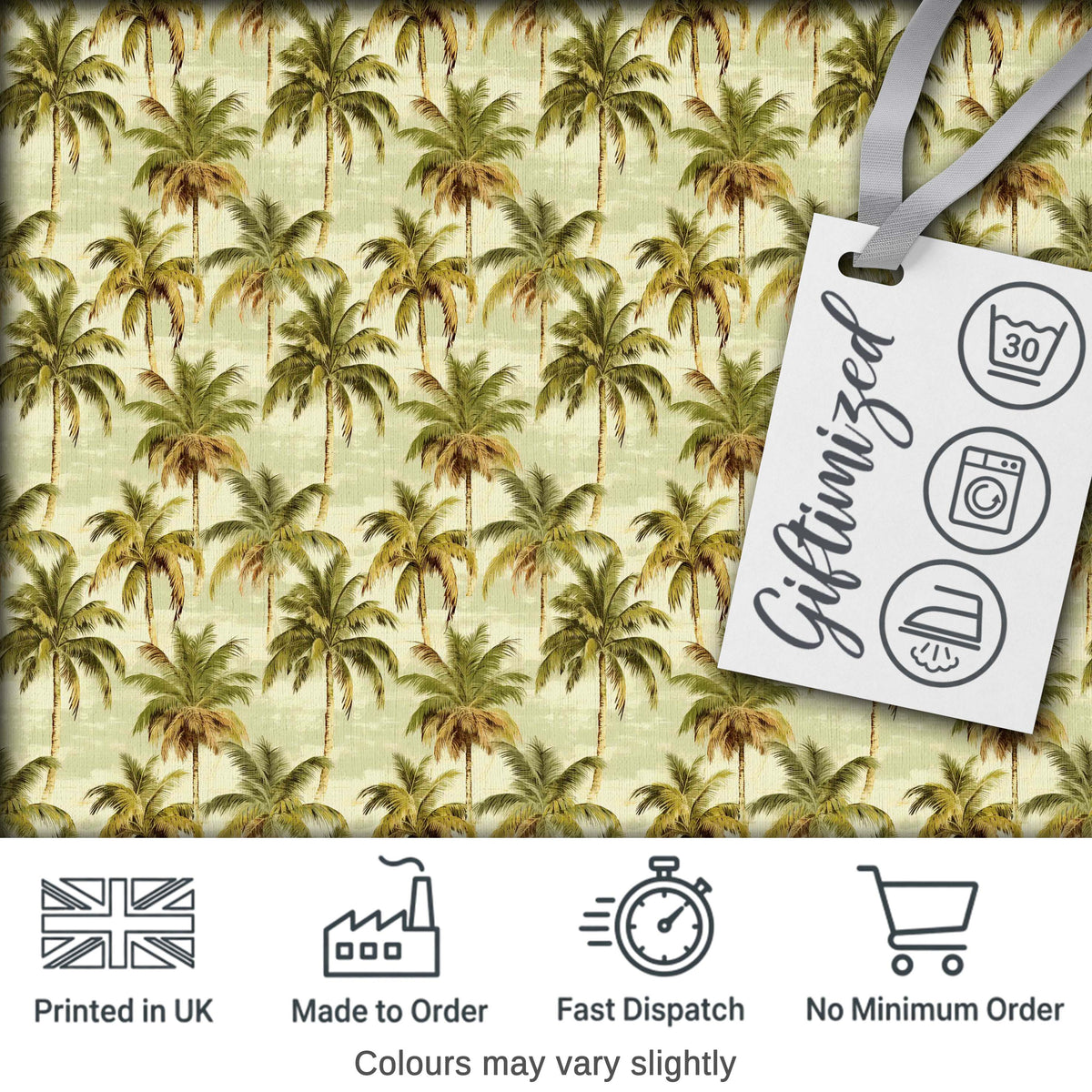 Muted Green Palm Tree Tropical Vintage Seamless Pattern Digital Print Fabric by the Metre UK Sewing Quilting Textile