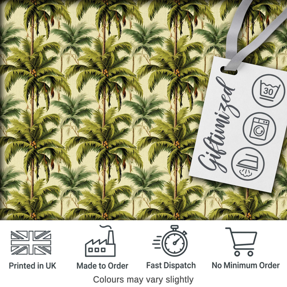 Tropical Coconut Palm Tree Vintage Seamless Pattern Digital Print Fabric by the Metre UK Sewing Quilting Textile