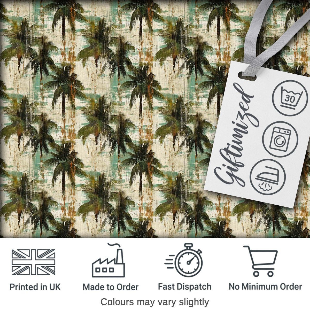 Grunge Coastal Palm Tree Artistic Seamless Pattern Digital Print Fabric by the Metre UK Sewing Quilting Textile