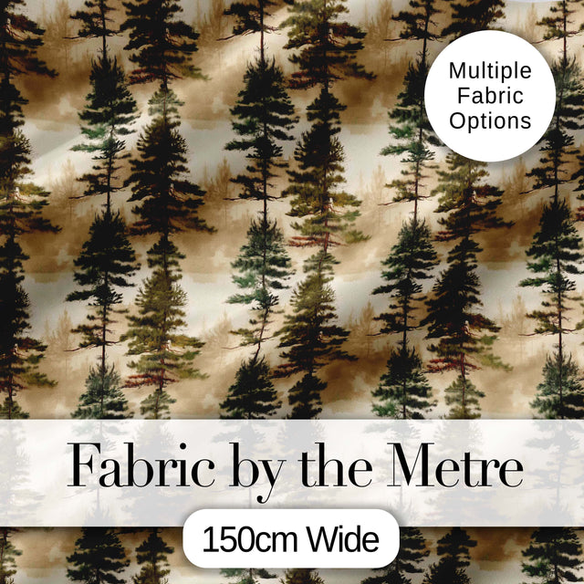 Tall Evergreen Pine Trees Woodland Scenic Seamless Pattern Digital Print Fabric by the Metre UK Sewing Quilting Textile