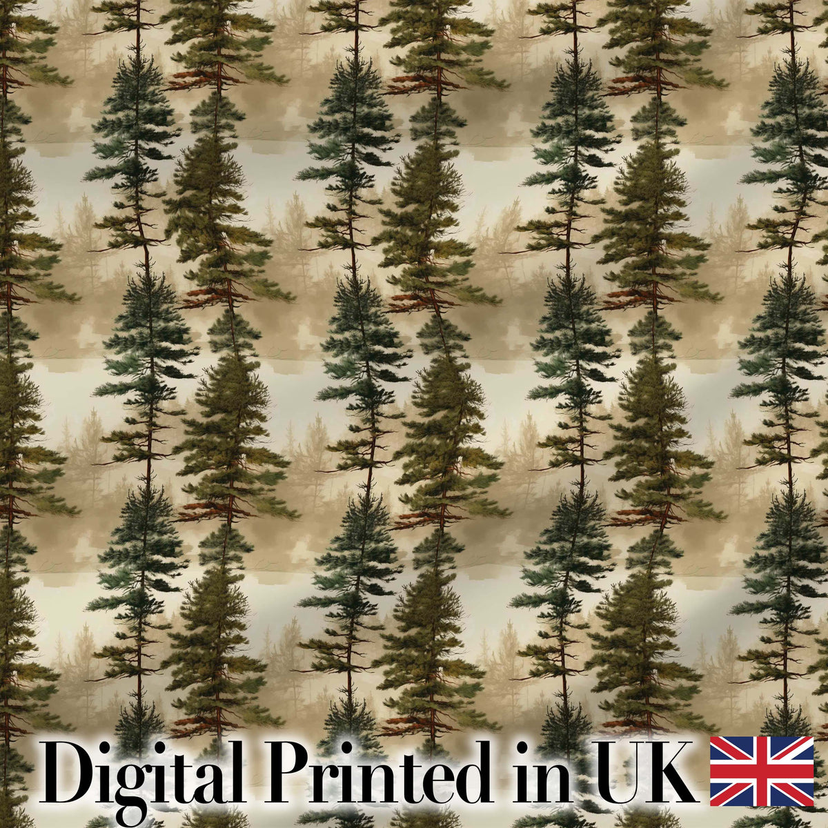 Tall Evergreen Pine Trees Woodland Scenic Seamless Pattern Digital Print Fabric by the Metre UK Sewing Quilting Textile