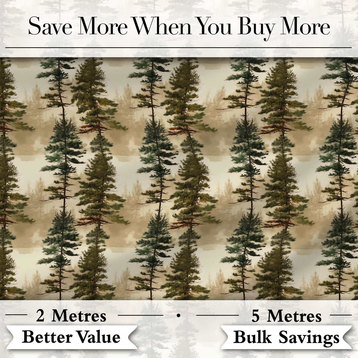 Tall Evergreen Pine Trees Woodland Scenic Seamless Pattern Digital Print Fabric by the Metre UK Sewing Quilting Textile