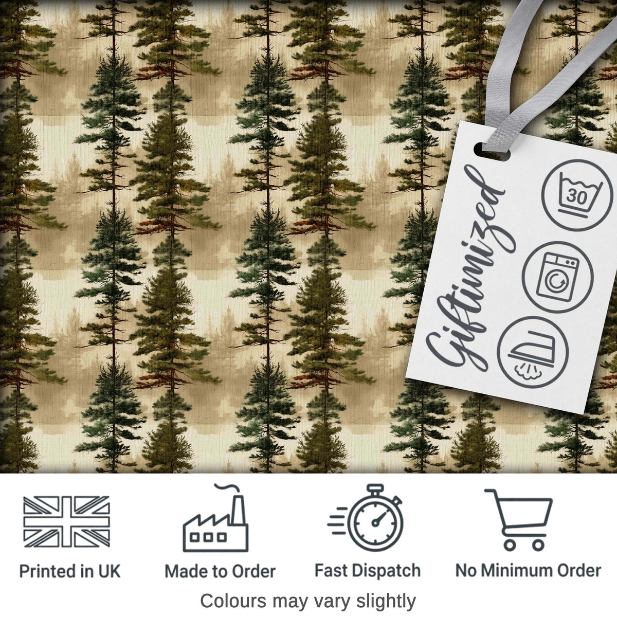 Tall Evergreen Pine Trees Woodland Scenic Seamless Pattern Digital Print Fabric by the Metre UK Sewing Quilting Textile