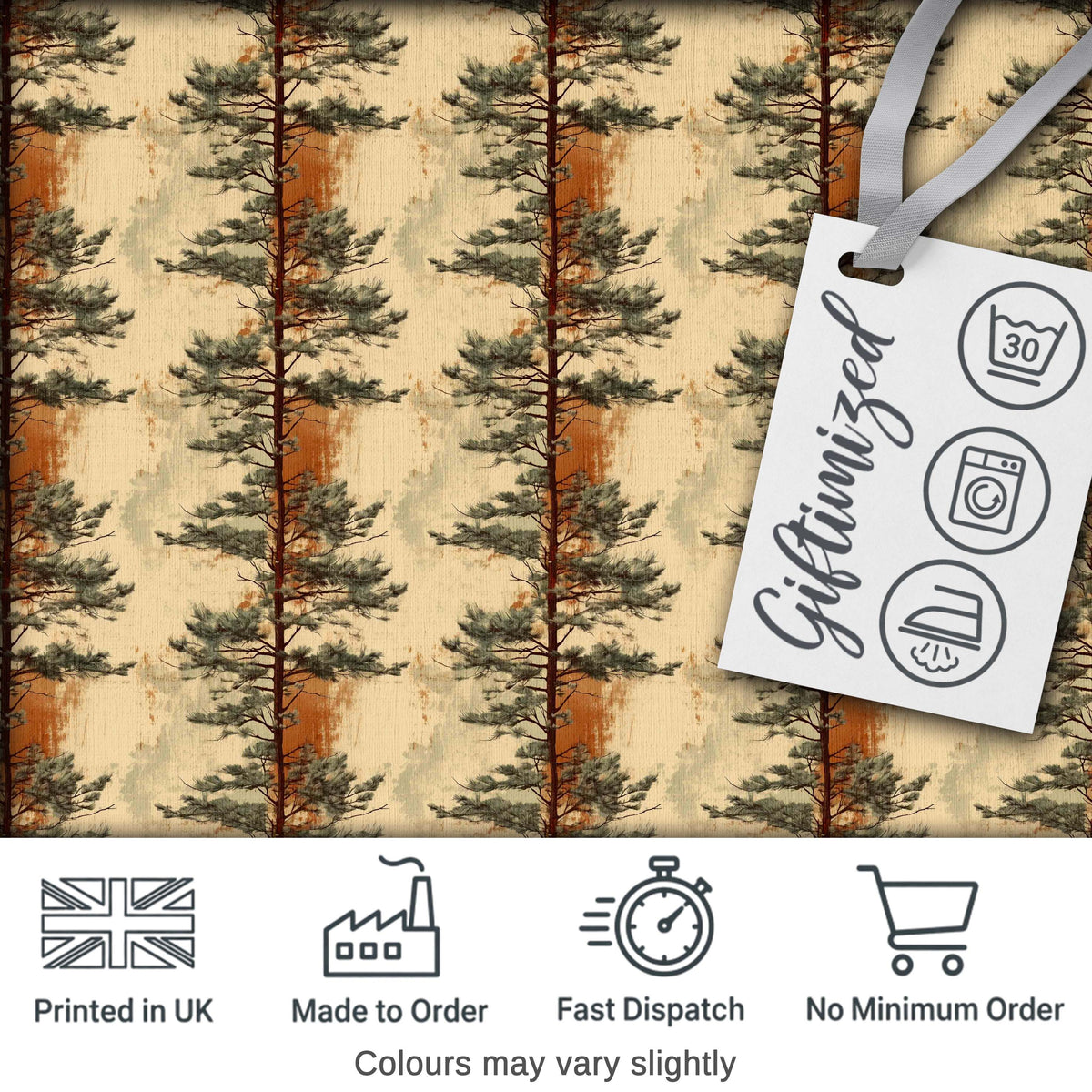 Artistic Pine Tree with Warm Earth Tones Seamless Pattern Digital Print Fabric by the Metre UK Sewing Quilting Textile