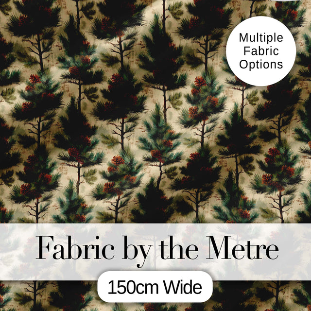 Watercolor Pine Woodland Nature Seamless Pattern Digital Print Fabric by the Metre UK Sewing Quilting Textile