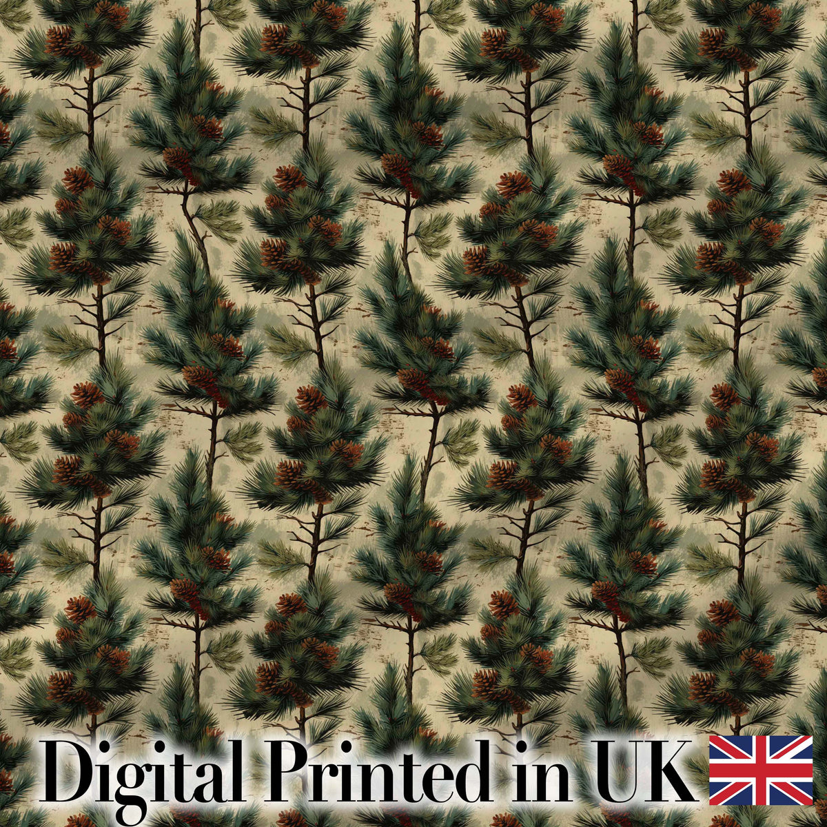 Watercolor Pine Woodland Nature Seamless Pattern Digital Print Fabric by the Metre UK Sewing Quilting Textile