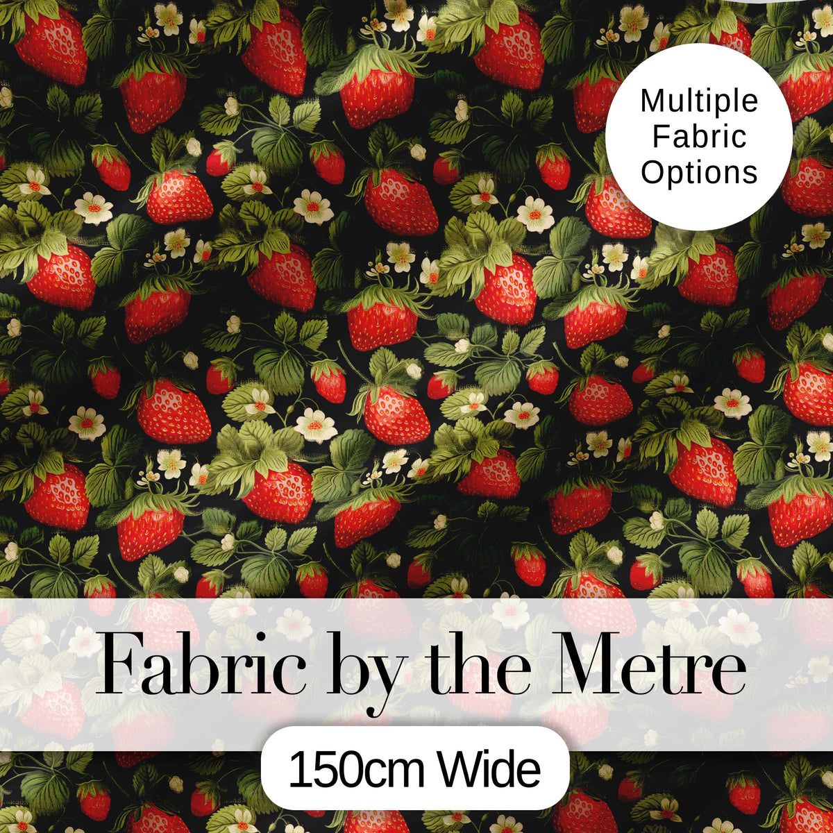 Wild Strawberry Fruit Floral Dark Background Seamless Pattern Digital Print Fabric by the Metre UK Sewing Quilting Textile