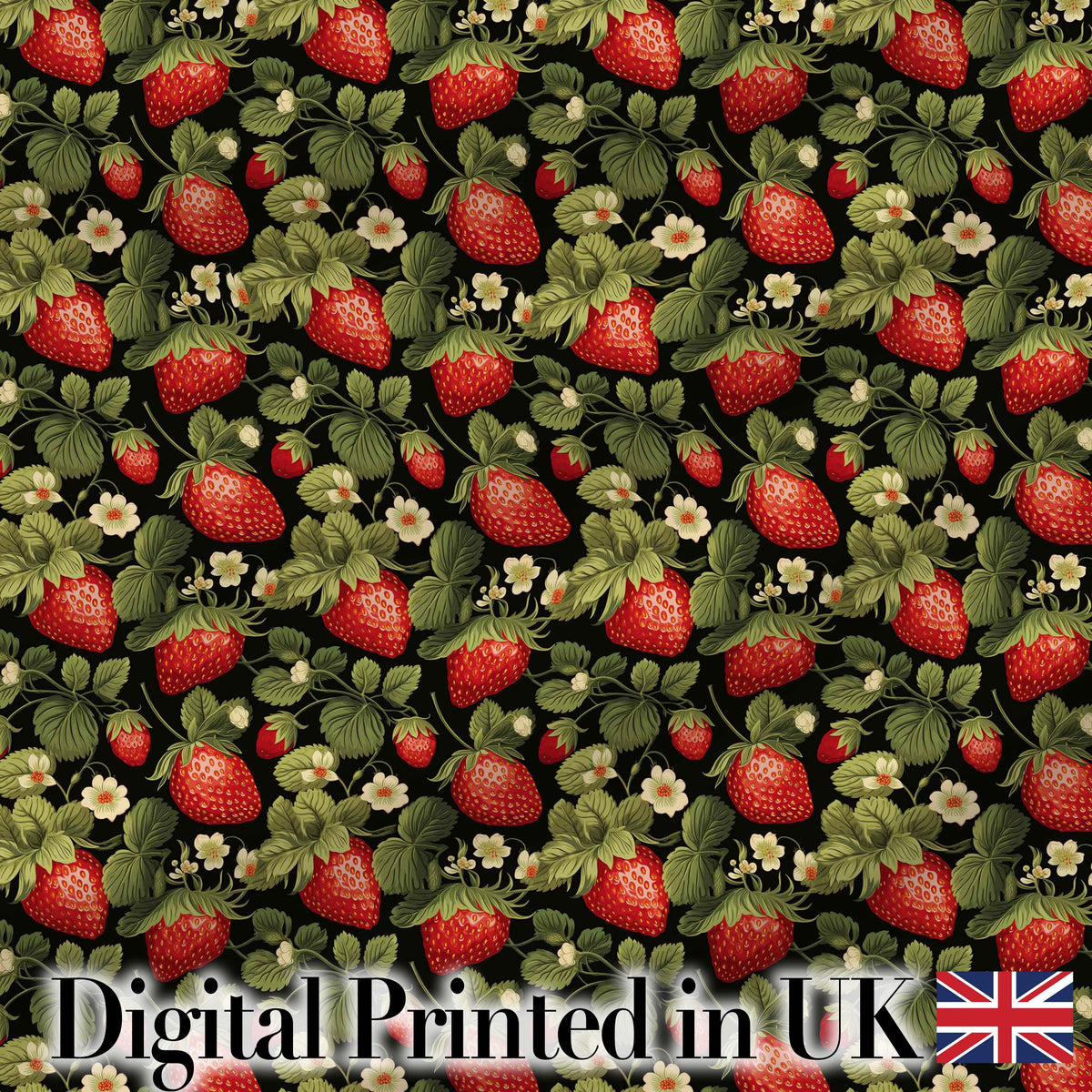 Wild Strawberry Fruit Floral Dark Background Seamless Pattern Digital Print Fabric by the Metre UK Sewing Quilting Textile