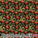 Wild Strawberry Fruit Floral Dark Background Seamless Pattern Digital Print Fabric by the Metre UK Sewing Quilting Textile