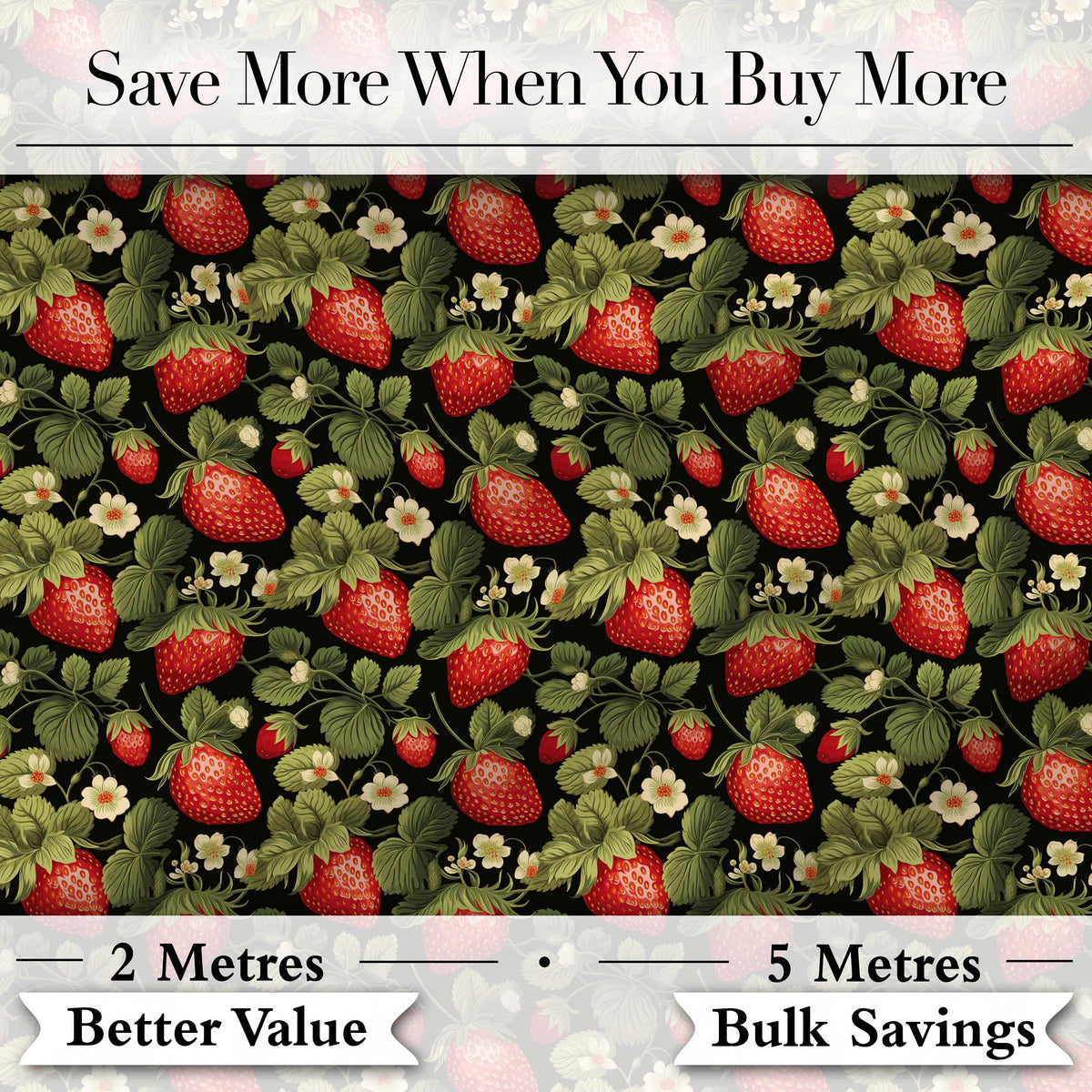 Wild Strawberry Fruit Floral Dark Background Seamless Pattern Digital Print Fabric by the Metre UK Sewing Quilting Textile