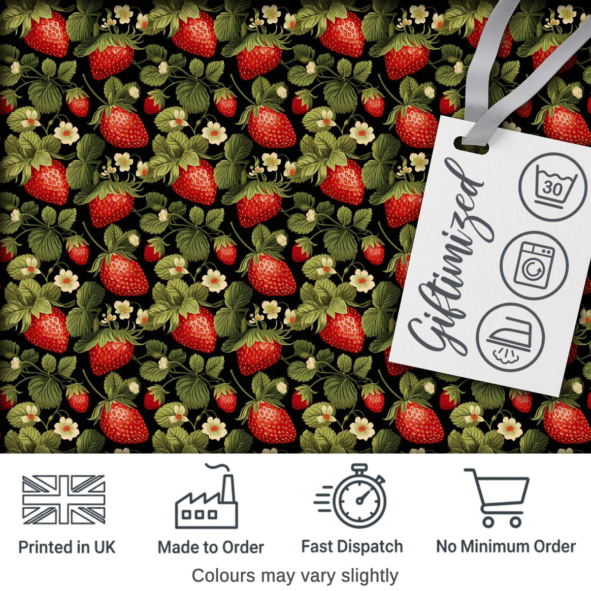 Wild Strawberry Fruit Floral Dark Background Seamless Pattern Digital Print Fabric by the Metre UK Sewing Quilting Textile