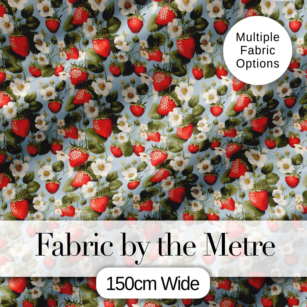 Strawberry Blossom Garden Botanical Blue Background Seamless Pattern Digital Print Fabric by the Metre UK Sewing Quilting Textile