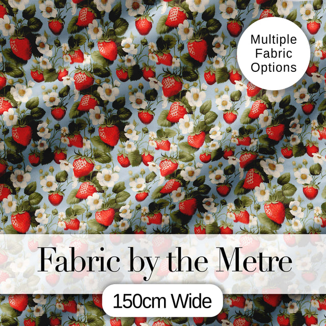 Strawberry Blossom Garden Botanical Blue Background Seamless Pattern Digital Print Fabric by the Metre UK Sewing Quilting Textile