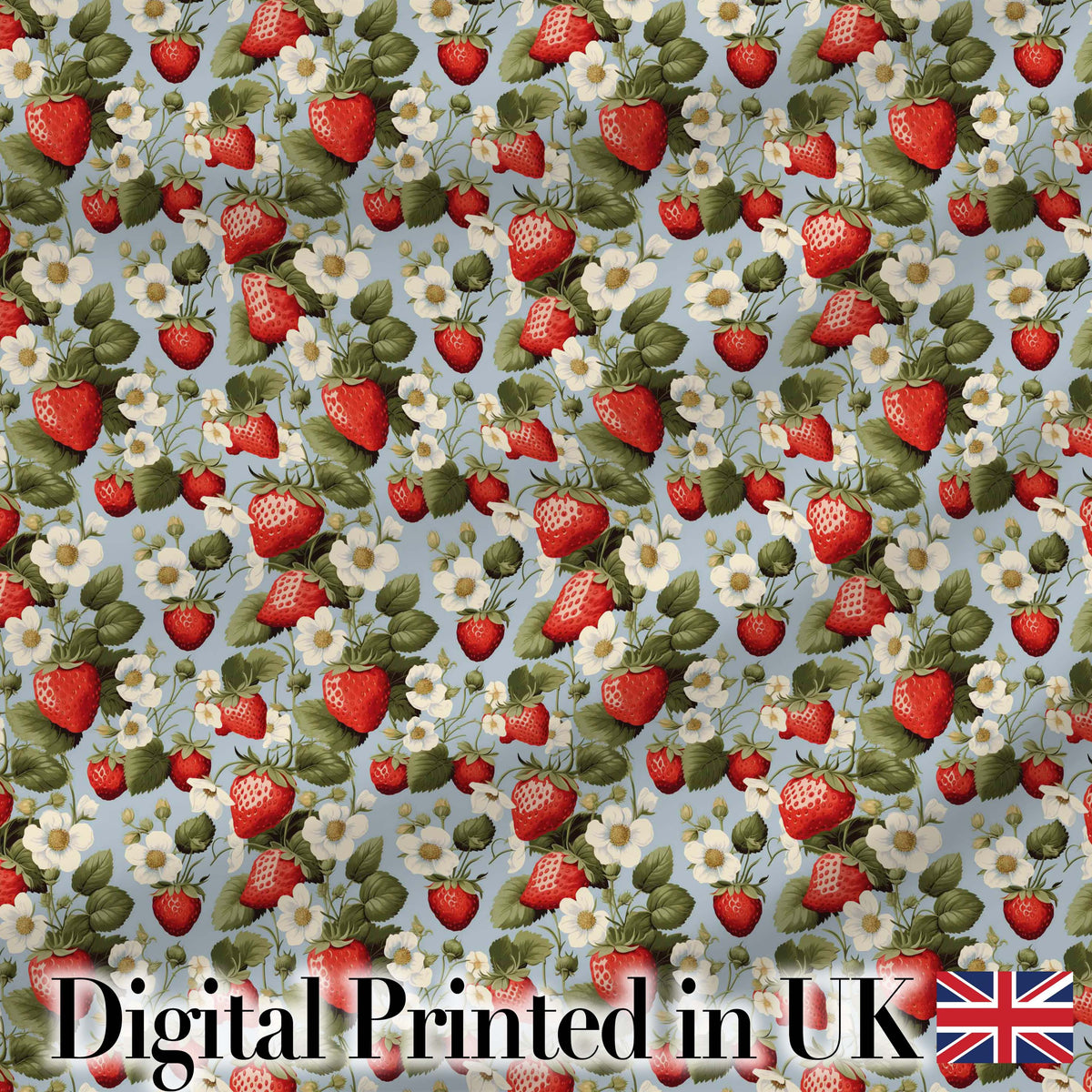 Strawberry Blossom Garden Botanical Blue Background Seamless Pattern Digital Print Fabric by the Metre UK Sewing Quilting Textile