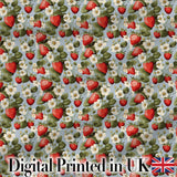 Strawberry Blossom Garden Botanical Blue Background Seamless Pattern Digital Print Fabric by the Metre UK Sewing Quilting Textile