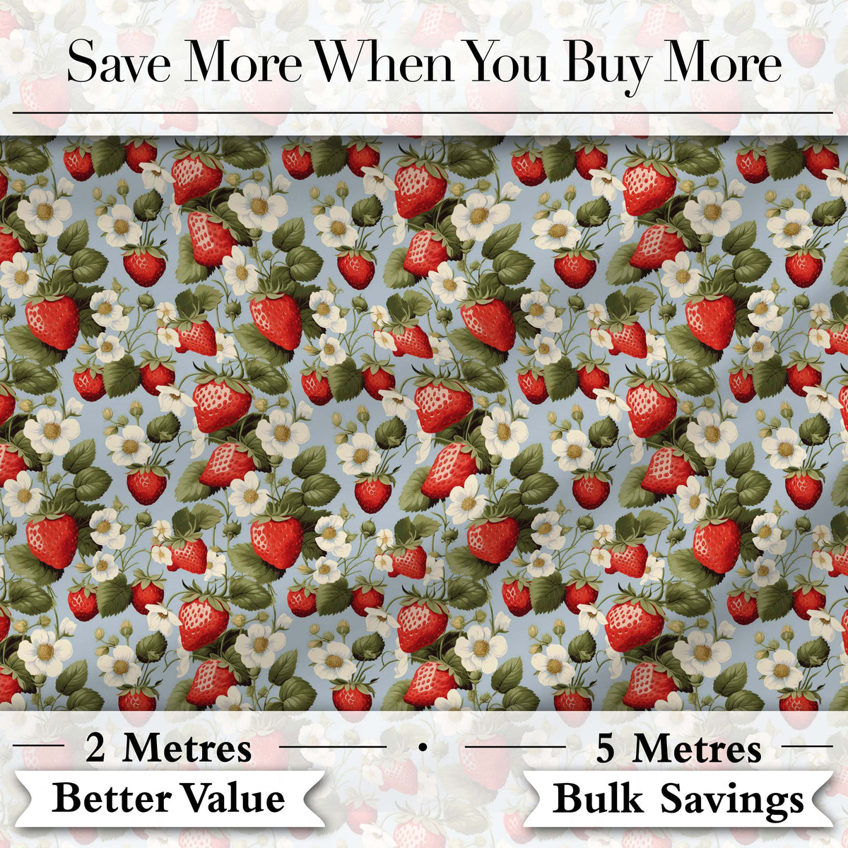 Strawberry Blossom Garden Botanical Blue Background Seamless Pattern Digital Print Fabric by the Metre UK Sewing Quilting Textile
