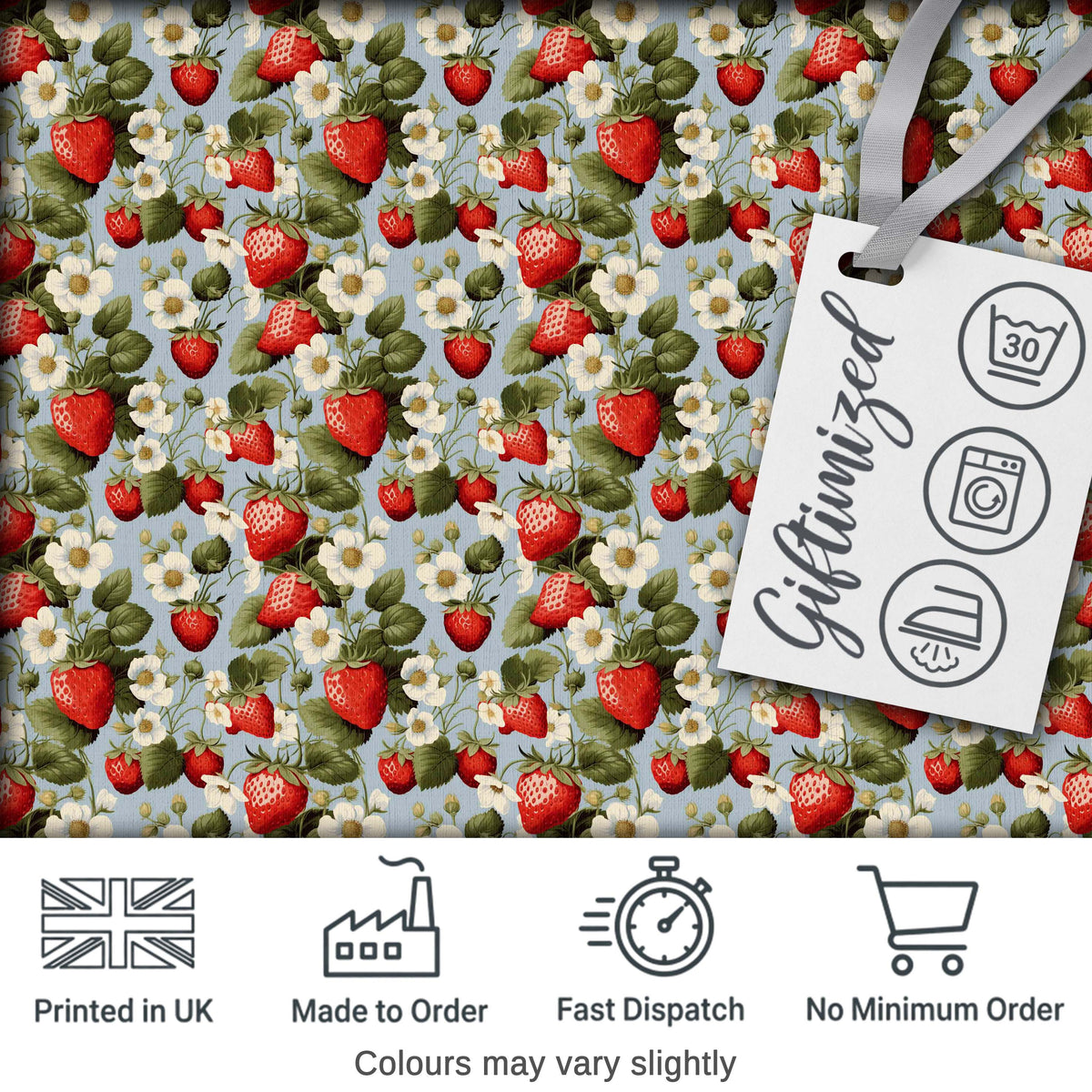 Strawberry Blossom Garden Botanical Blue Background Seamless Pattern Digital Print Fabric by the Metre UK Sewing Quilting Textile
