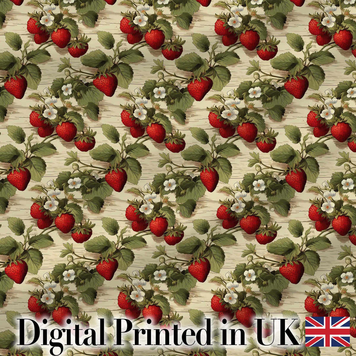 Vintage Strawberry Vine Rustic Wood Background Seamless Pattern Digital Print Fabric by the Metre UK Sewing Quilting Textile