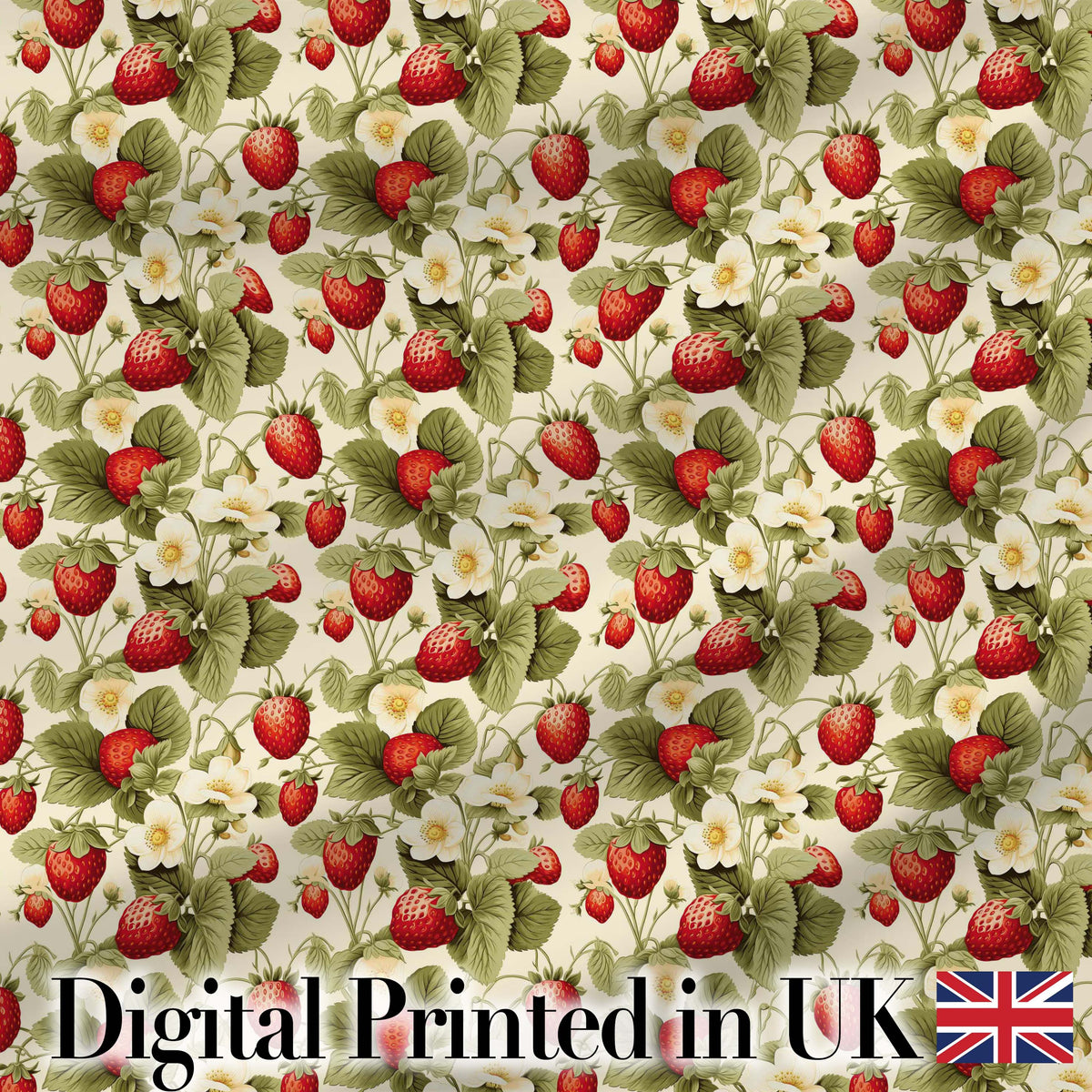 Vintage Strawberry Blossom Cream Garden Seamless Pattern Digital Print Fabric by the Metre UK Sewing Quilting Textile