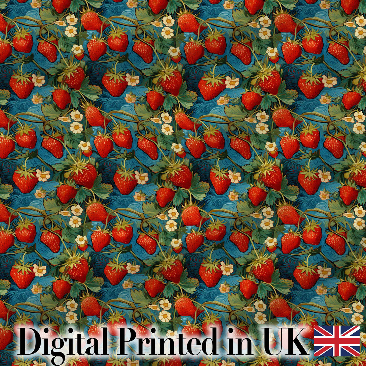 Artistic Strawberry Vine Blue Swirl Seamless Pattern Digital Print Fabric by the Metre UK Sewing Quilting Textile