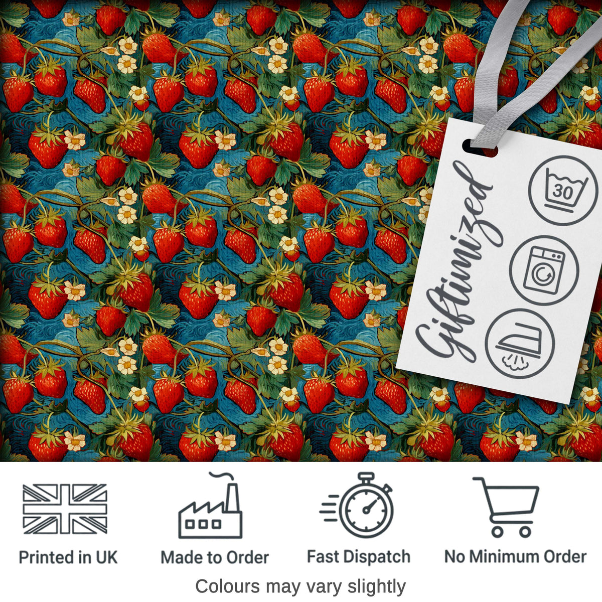 Artistic Strawberry Vine Blue Swirl Seamless Pattern Digital Print Fabric by the Metre UK Sewing Quilting Textile