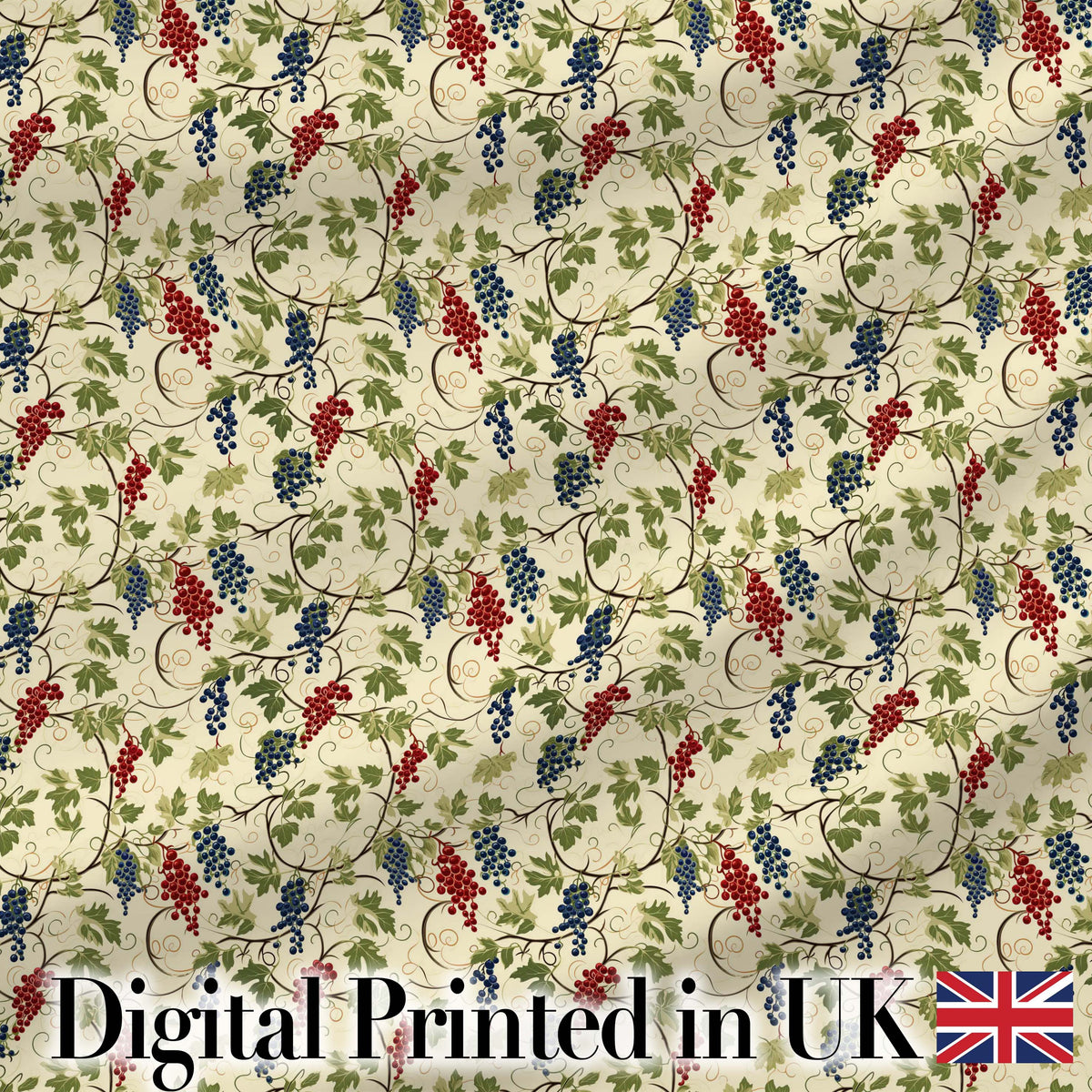 Red and Blue Berry Vine Leaves Seamless Pattern Digital Print Fabric by the Metre UK Sewing Quilting Textile